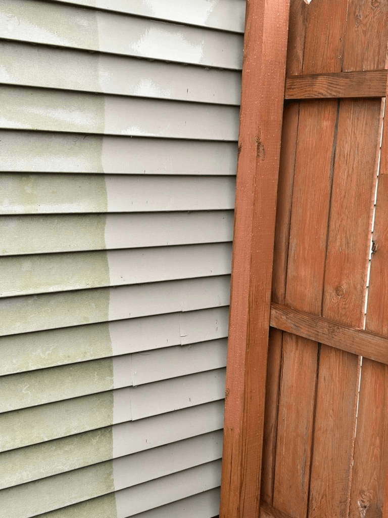 Before and after siding and stained wood fence pressure washing